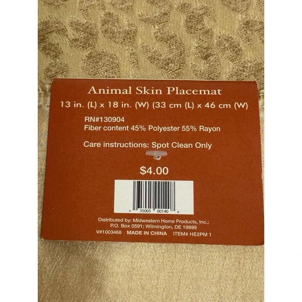 Port 7 Animal Print Placemats Set of 5 Leopard Pattern 13x18 Neutral Tan/Gold